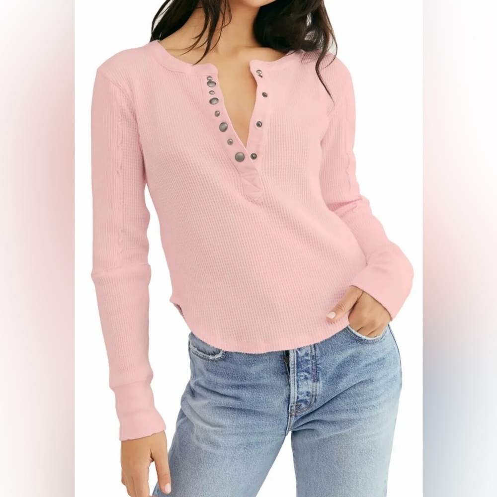 New💥Free People Everest Henley long sleeve bubblegum Pink Button-Up Top,